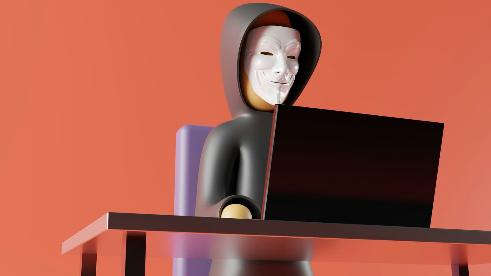 A 3D illustration of a hooded figure wearing a Guy Fawkes-style mask, sitting at a laptop